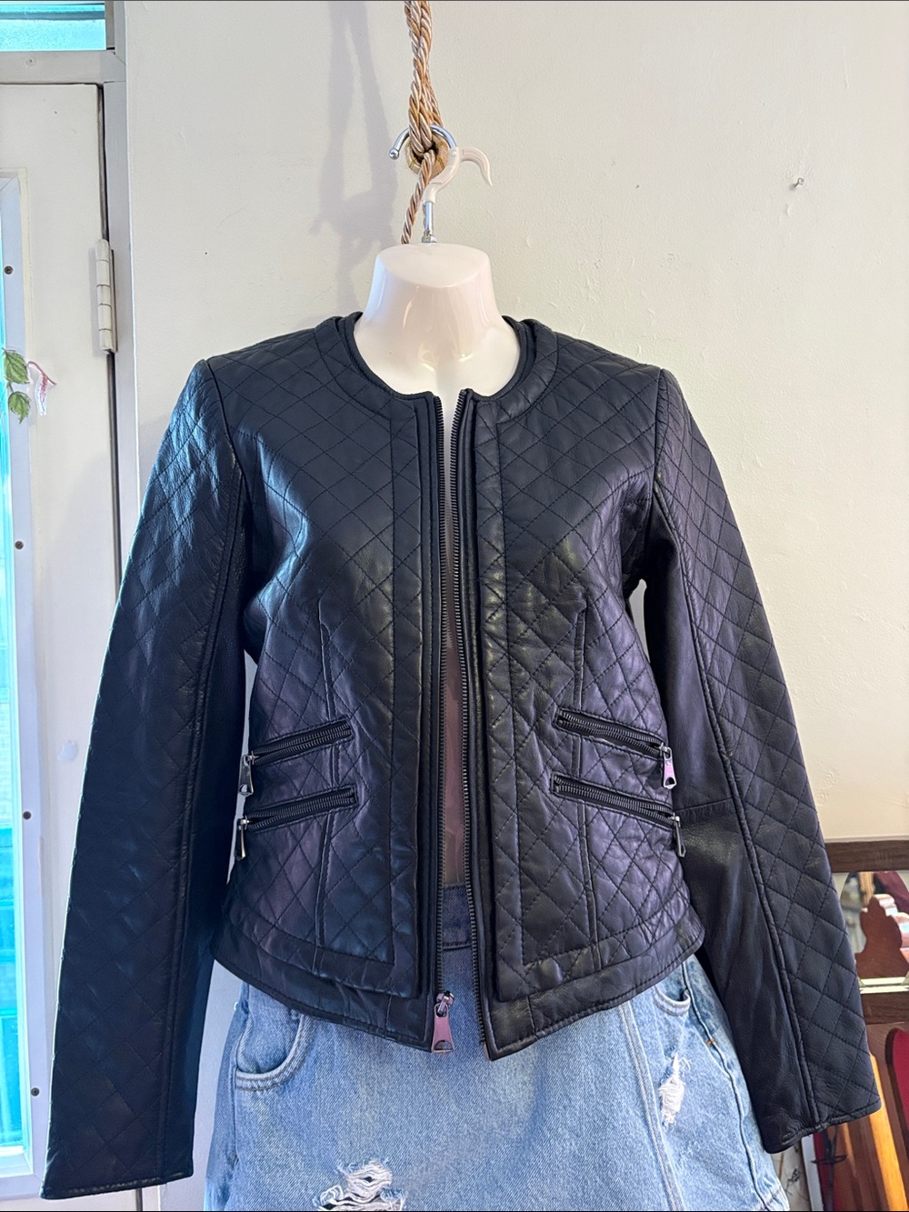 Black Quilted Leather Jacket with Dual Zip Pockets